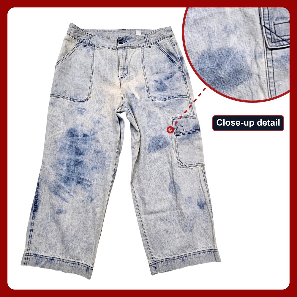 First Issue Liz Claiborne Acid Wash Cargo Pants 14 Cropped Wide‎ Leg Retro Denim